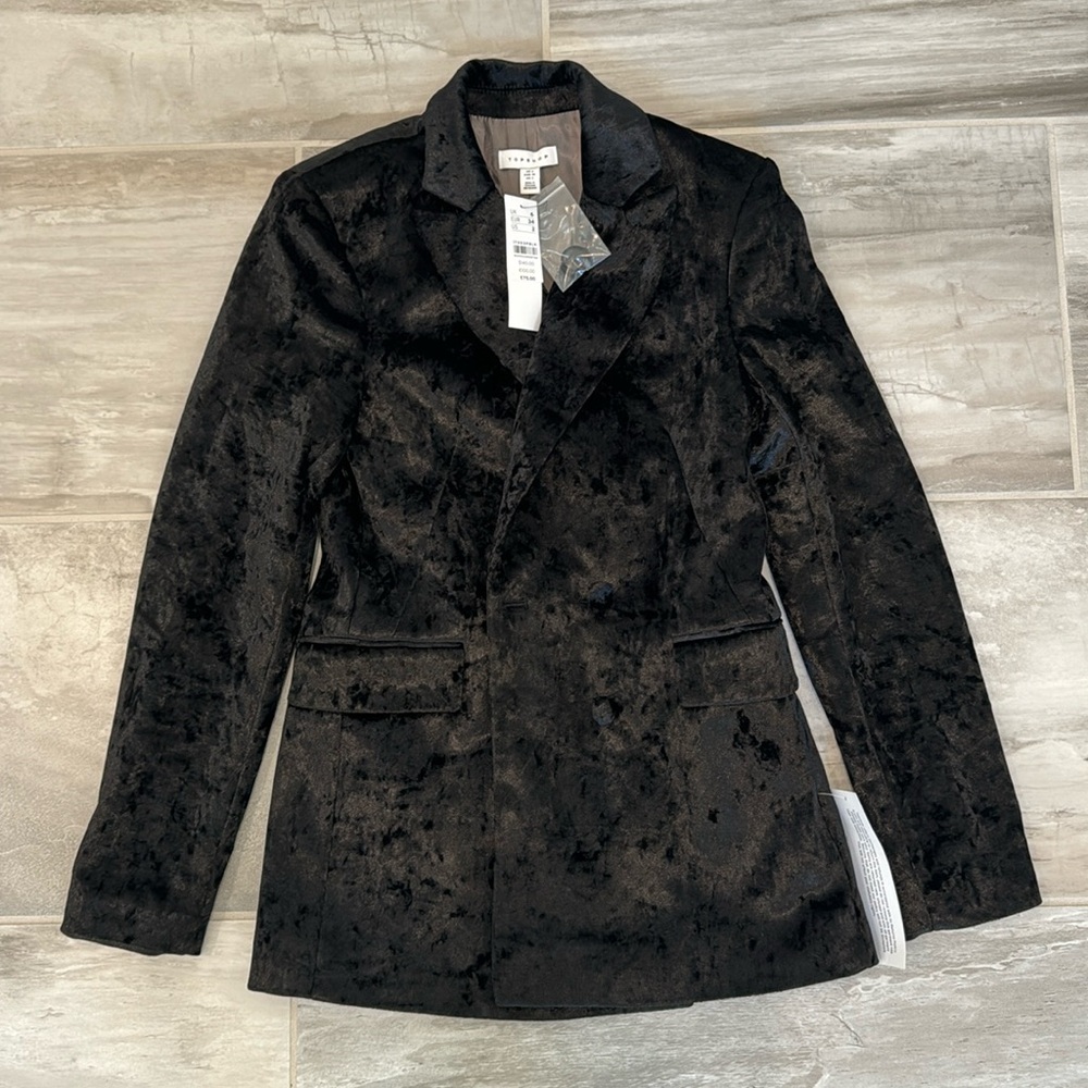 Unworn. Suede Look, Black Blazer, with Satin Feel Lining. Size 2.